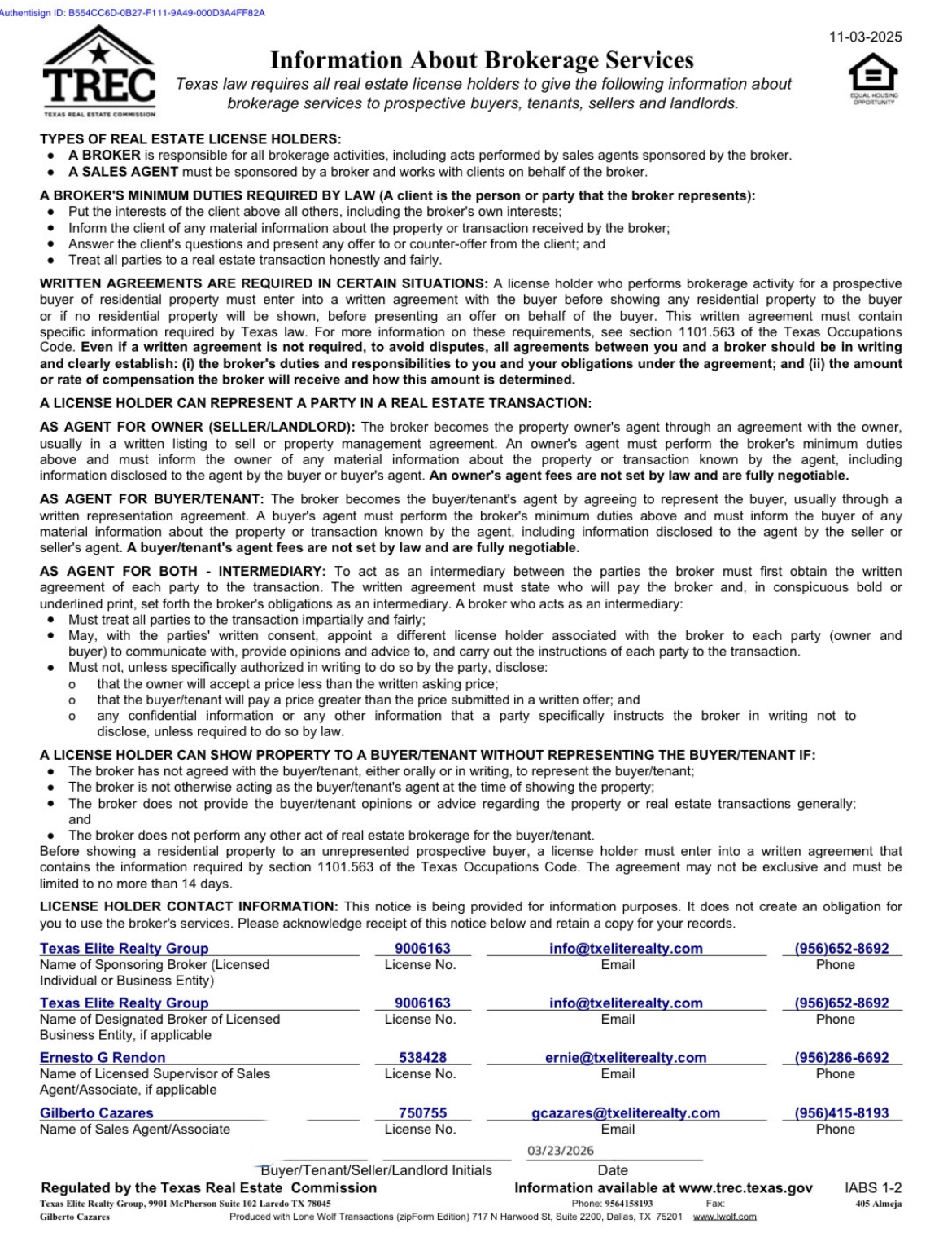 TREC Information About Brokerage Services form for Gilberto Cazares, Texas Elite Realty Group
